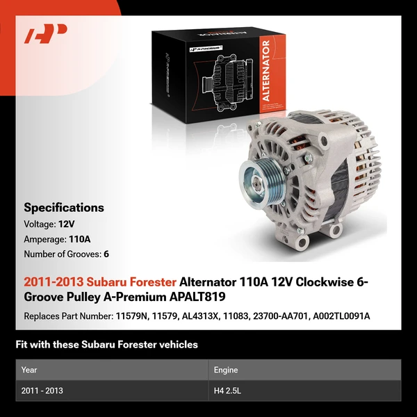 2011-2013 Subaru Forester Alternator 110A 12V Clockwise 6-Groove Pulley A-Premium APALT819