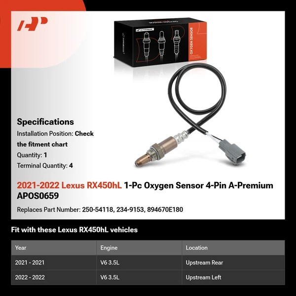 2021-2022 Lexus RX450hL 1-Pc Oxygen Sensor 4-Pin A-Premium APOS0659