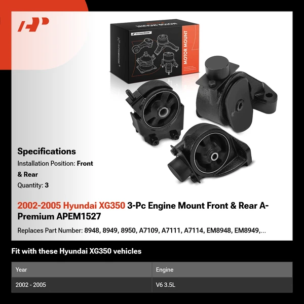 2002-2005 Hyundai XG350 3-Pc Engine Mount Front & Rear A-Premium APEM1527