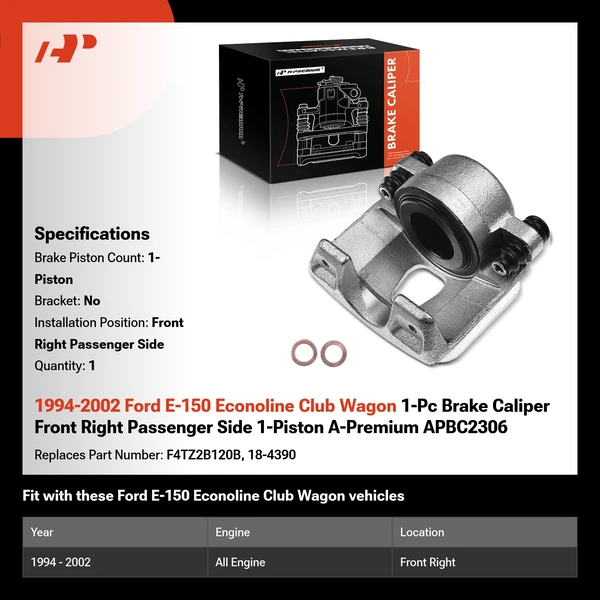 1994-2002 Ford E-150 Econoline Club Wagon 1-Pc Brake Caliper Front Right Passenger Side 1-Piston A-Premium APBC2306