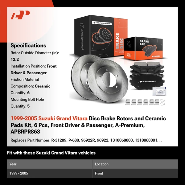 1999-2005 Suzuki Grand Vitara Disc Brake Rotors and Ceramic Pads Kit, 6 Pcs, Front Driver & Passenger, A-Premium, APBRPR863