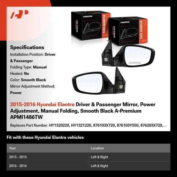 2015-2016 Hyundai Elantra Driver & Passenger Mirror, Power Adjustment, Manual Folding, Smooth Black A-Premium APMI1486TW