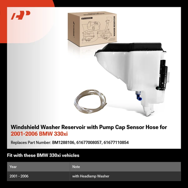 Windshield Washer Reservoir with Pump Cap Sensor Hose for 2001-2006 BMW 330xi