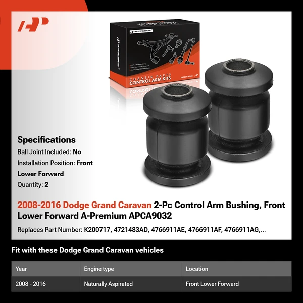 2008-2016 Dodge Grand Caravan 2-Pc Control Arm Bushing, Front Lower Forward A-Premium APCA9032