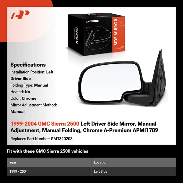 1999-2004 GMC Sierra 2500 Left Driver Side Mirror, Manual Adjustment, Manual Folding, Chrome A-Premium APMI1789