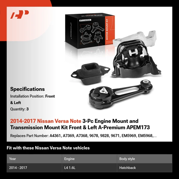 2014-2017 Nissan Versa Note 3-Pc Engine Mount and Transmission Mount Kit Front & Left A-Premium APEM173