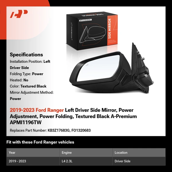 2019-2023 Ford Ranger Left Driver Side Mirror, Power Adjustment, Power Folding, Textured Black A-Premium APMI1196TW