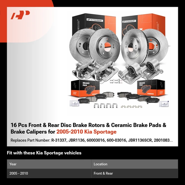 16 Pcs Front & Rear Disc Brake Rotors & Ceramic Brake Pads & Brake Calipers for 2005-2010 Kia Sportage