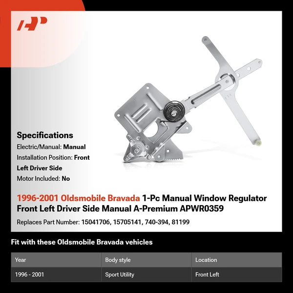 1996-2001 Oldsmobile Bravada 1-Pc Manual Window Regulator Front Left Driver Side Manual A-Premium APWR0359