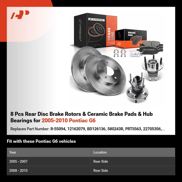 8 Pcs Rear Disc Brake Rotors & Ceramic Brake Pads & Hub Bearings for 2005-2010 Pontiac G6