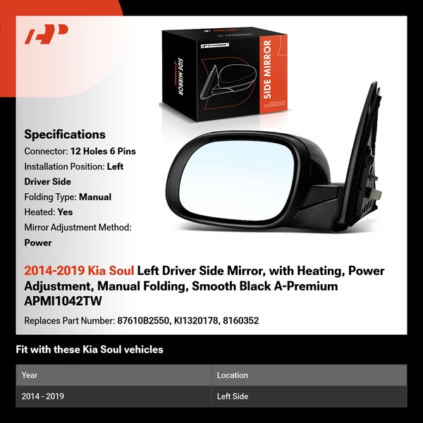 2014-2019 Kia Soul Left Driver Side Mirror, with Heating, Power Adjustment, Manual Folding, Smooth Black A-Premium APMI1042TW