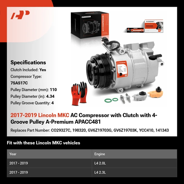 2017-2019 Lincoln MKC AC Compressor with Clutch with 4-Groove Pulley A-Premium APACC481