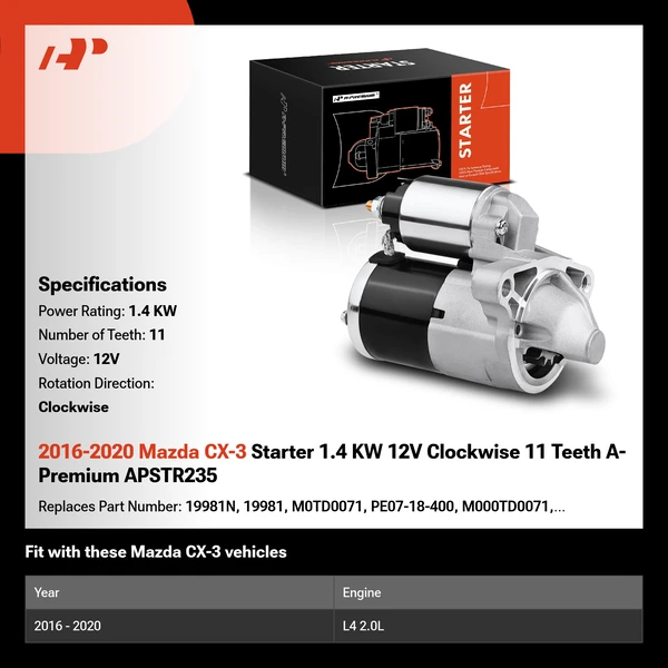 2016-2020 Mazda CX-3 Starter 1.4 KW 12V Clockwise 11 Teeth A-Premium APSTR235