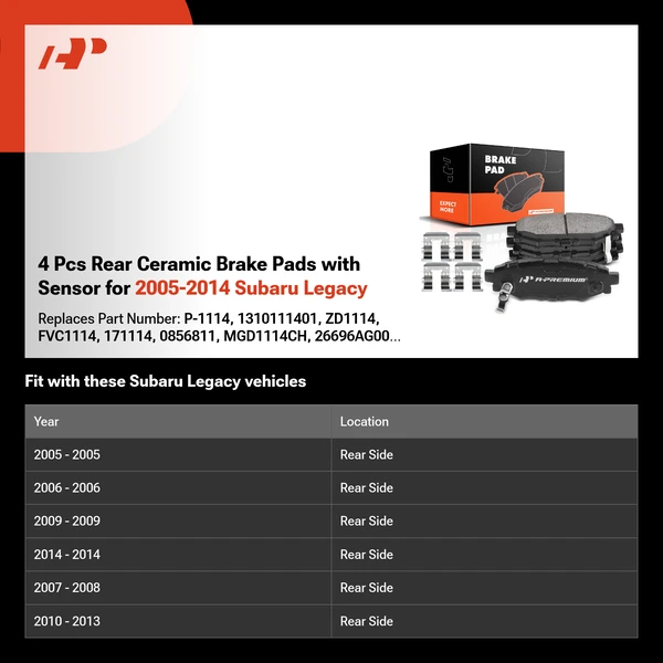 4 Pcs Rear Ceramic Brake Pads with Sensor for 2005-2014 Subaru Legacy