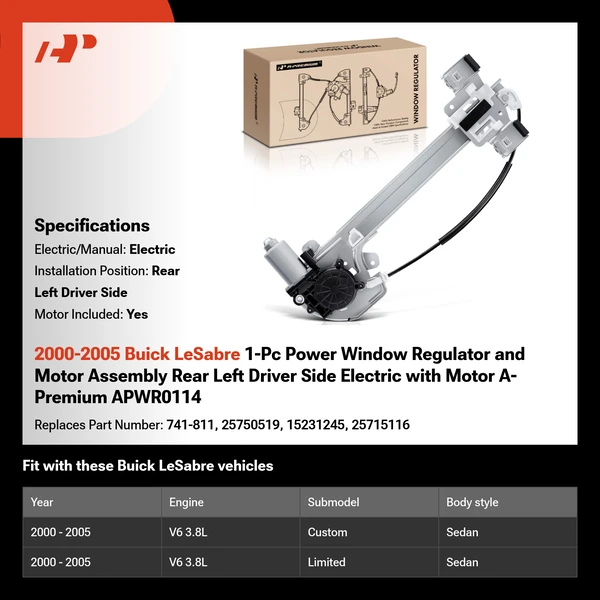 2000-2005 Buick LeSabre 1-Pc Power Window Regulator and Motor Assembly Rear Left Driver Side Electric with Motor A-Premium APWR0114