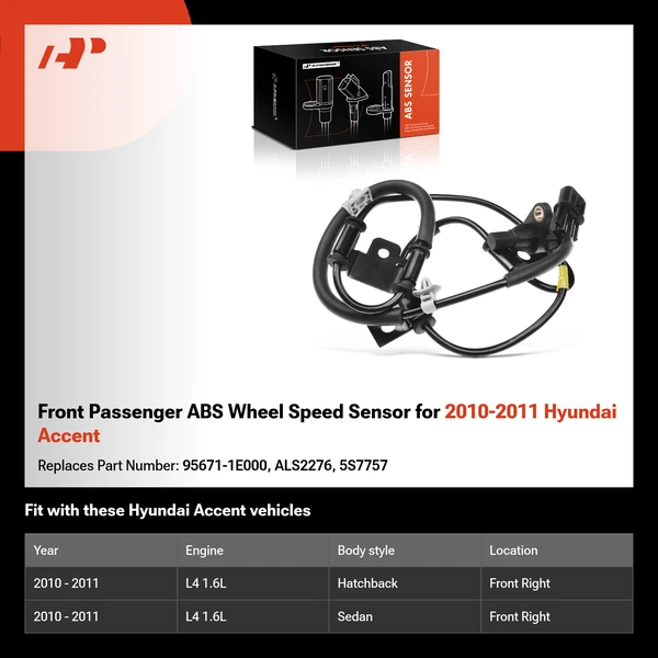 Front Passenger ABS Wheel Speed Sensor for 2010-2011 Hyundai Accent