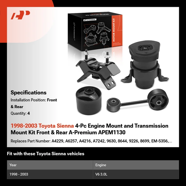 1998-2003 Toyota Sienna 4-Pc Engine Mount and Transmission Mount Kit Front & Rear A-Premium APEM1130