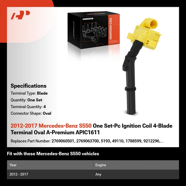 2012-2017 Mercedes-Benz S550 One Set-Pc Ignition Coil 4-Blade Terminal Oval A-Premium APIC1611