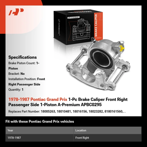 1978-1987 Pontiac Grand Prix 1-Pc Brake Caliper Front Right Passenger Side 1-Piston A-Premium APBC0295