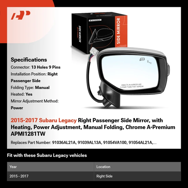 2015-2017 Subaru Legacy Right Passenger Side Mirror, with Heating, Power Adjustment, Manual Folding, Chrome A-Premium APMI1281TW