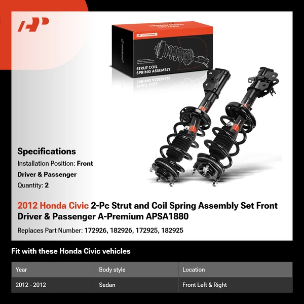 2012 Honda Civic 2-Pc Strut and Coil Spring Assembly Set Front Driver & Passenger A-Premium APSA1880