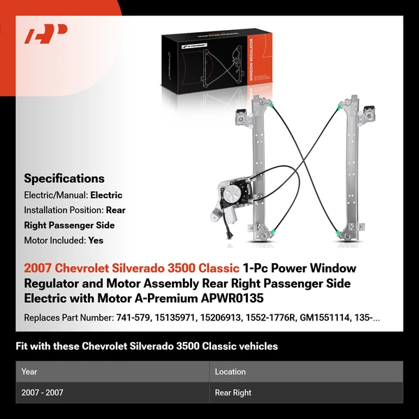 2007 Chevrolet Silverado 3500 Classic 1-Pc Power Window Regulator and Motor Assembly Rear Right Passenger Side Electric with Motor A-Premium APWR0135