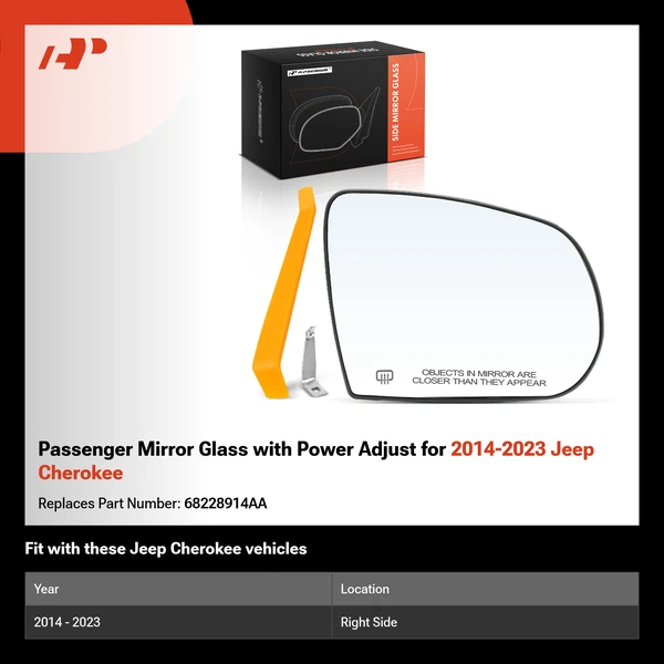 Passenger Mirror Glass with Power Adjust for 2014-2023 Jeep Cherokee