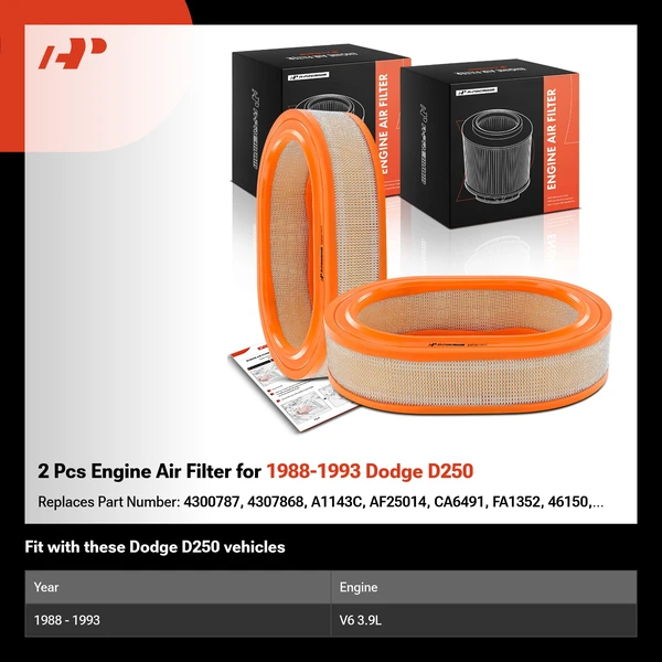 2 Pcs Engine Air Filter for 1988-1993 Dodge D250