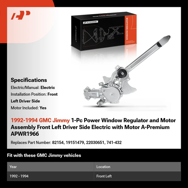 1992-1994 GMC Jimmy 1-Pc Power Window Regulator and Motor Assembly Front Left Driver Side Electric with Motor A-Premium APWR1966
