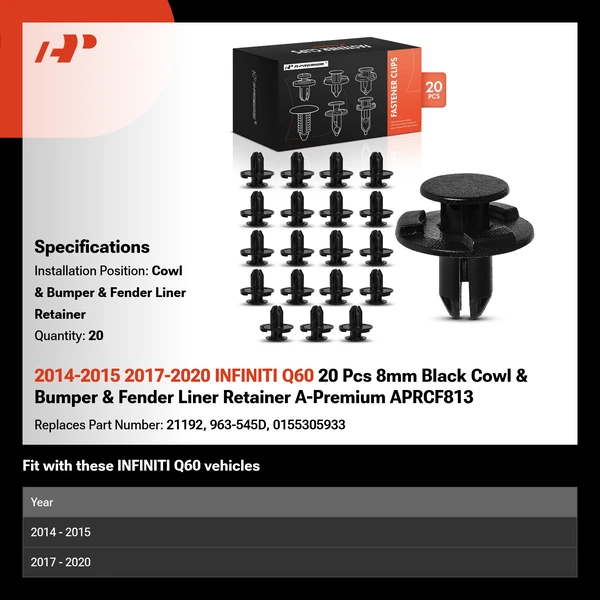 2014-2015 2017-2020 INFINITI Q60 20 Pcs 8mm Black Cowl & Bumper & Fender Liner Retainer A-Premium APRCF813