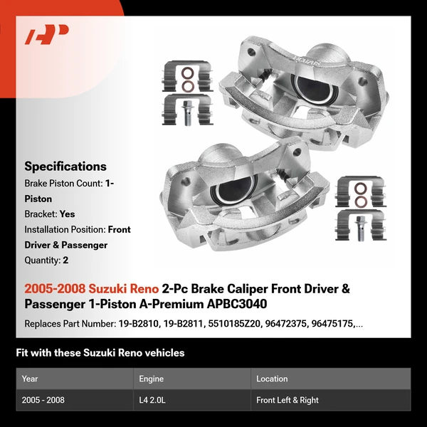 2005-2008 Suzuki Reno 2-Pc Brake Caliper Front Driver & Passenger 1-Piston A-Premium APBC3040