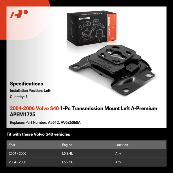 2004-2006 Volvo S40 1-Pc Transmission Mount Left A-Premium APEM1725