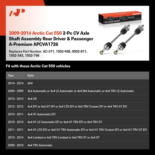 2009-2014 Arctic Cat 550 2-Pc CV Axle Shaft Assembly Rear Driver & Passenger A-Premium APCVA1726