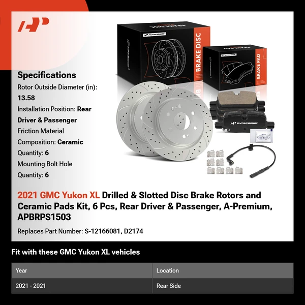 2021 GMC Yukon XL Drilled & Slotted Disc Brake Rotors and Ceramic Pads Kit, 6 Pcs, Rear Driver & Passenger, A-Premium, APBRPS1503