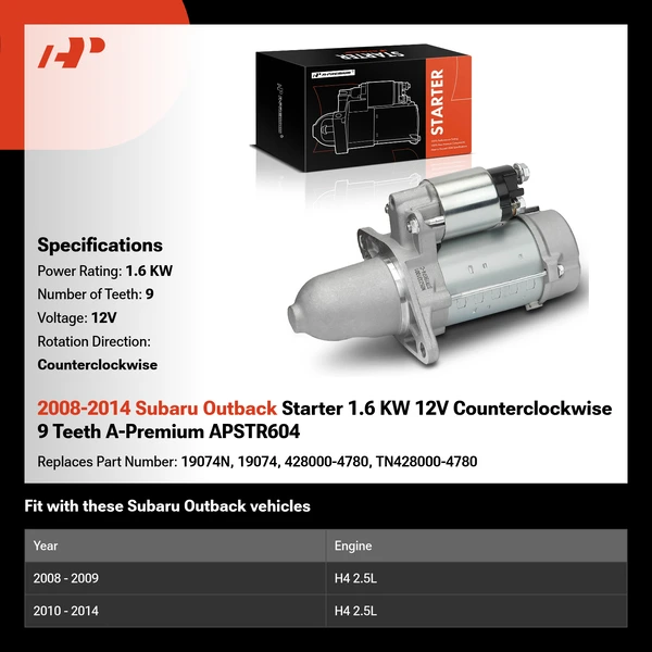 2008-2014 Subaru Outback Starter 1.6 KW 12V Counterclockwise 9 Teeth A-Premium APSTR604