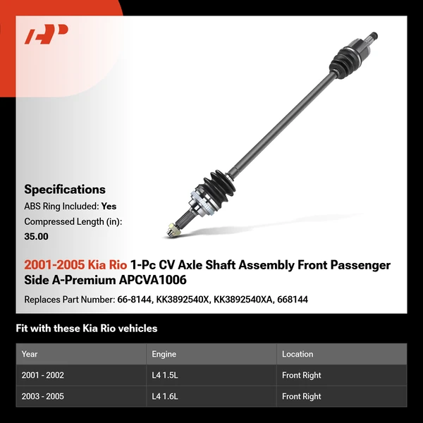 2001-2005 Kia Rio 1-Pc CV Axle Shaft Assembly Front Passenger Side A-Premium APCVA1006