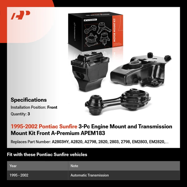 1995-2002 Pontiac Sunfire 3-Pc Engine Mount and Transmission Mount Kit Front A-Premium APEM183