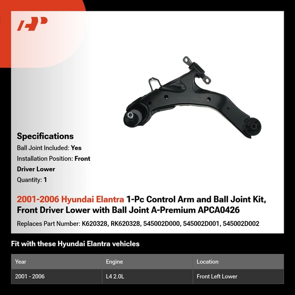 2001-2006 Hyundai Elantra 1-Pc Control Arm and Ball Joint Kit, Front Driver Lower with Ball Joint A-Premium APCA0426