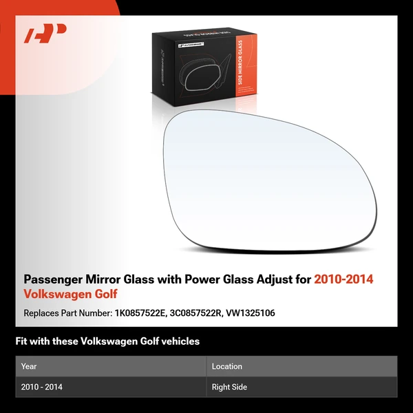 Passenger Mirror Glass with Power Glass Adjust for 2010-2014 Volkswagen Golf