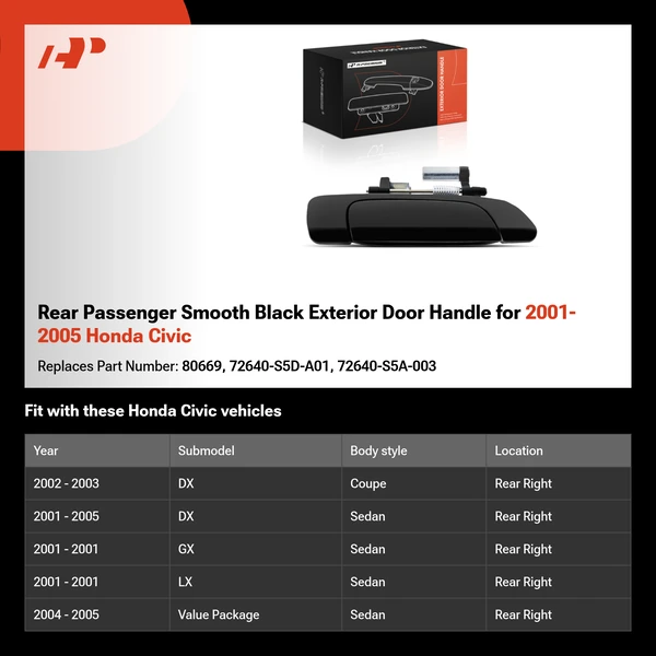 Rear Passenger Smooth Black Exterior Door Handle for 2001-2005 Honda Civic