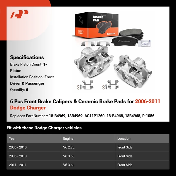 6 Pcs Front Brake Calipers & Ceramic Brake Pads for 2006-2011 Dodge Charger