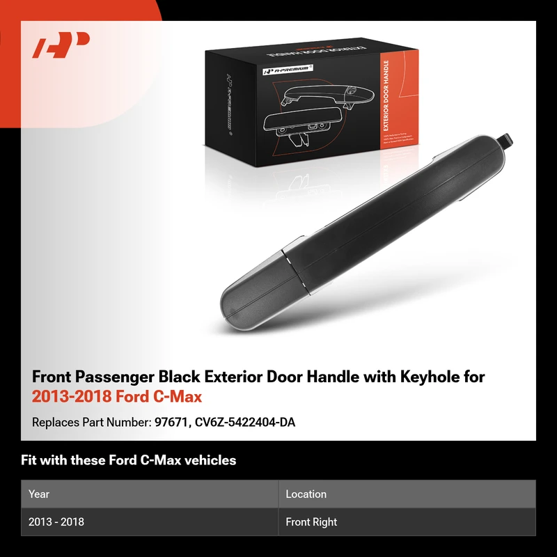 Front Passenger Black Exterior Door Handle with Keyhole for 2013-2018 Ford C-Max