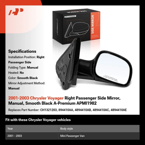 2001-2003 Chrysler Voyager Right Passenger Side Mirror, Manual, Smooth Black A-Premium APMI1982