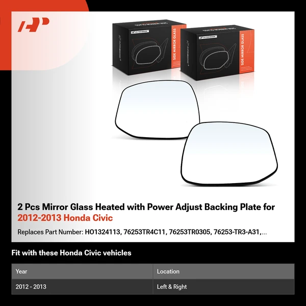 2 Pcs Mirror Glass Heated with Power Adjust Backing Plate for 2012-2013 Honda Civic