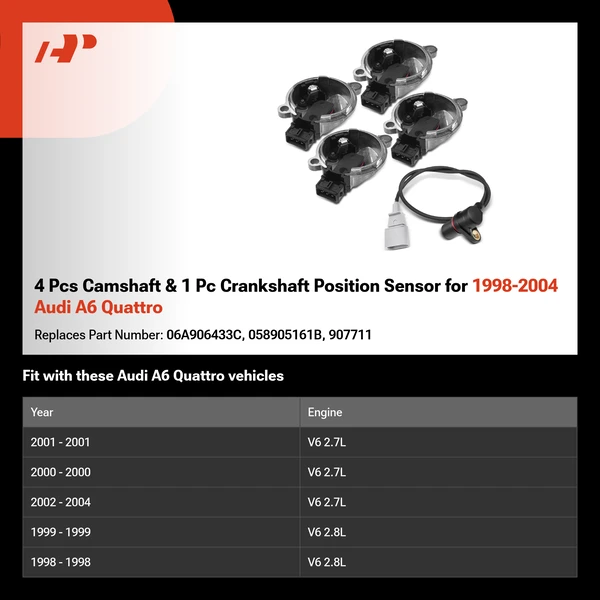 4 Pcs Camshaft & 1 Pc Crankshaft Position Sensor for 1998-2004 Audi A6 Quattro