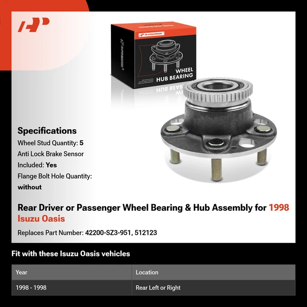 Rear Driver or Passenger Wheel Bearing & Hub Assembly for 1998 Isuzu Oasis