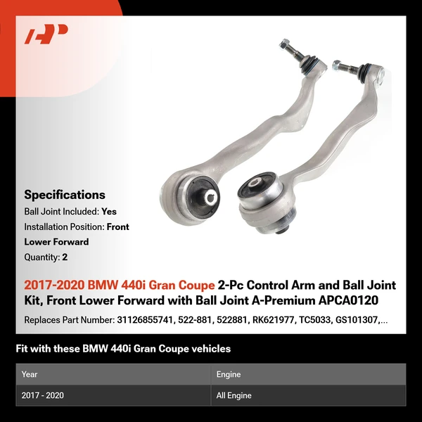 2017-2020 BMW 440i Gran Coupe 2-Pc Control Arm and Ball Joint Kit, Front Lower Forward with Ball Joint A-Premium APCA0120