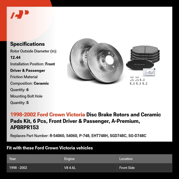 1998-2002 Ford Crown Victoria Disc Brake Rotors and Ceramic Pads Kit, 6 Pcs, Front Driver & Passenger, A-Premium, APBRPR153