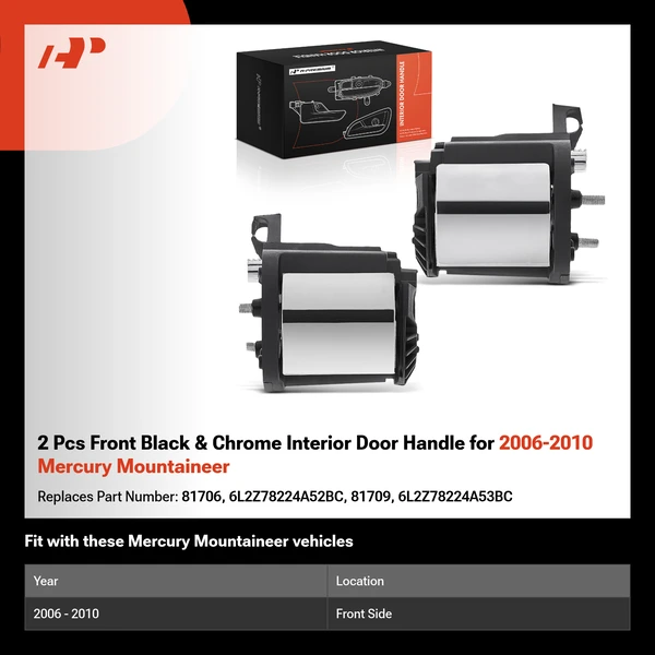 2 Pcs Front Black & Chrome Interior Door Handle for 2006-2010 Mercury Mountaineer