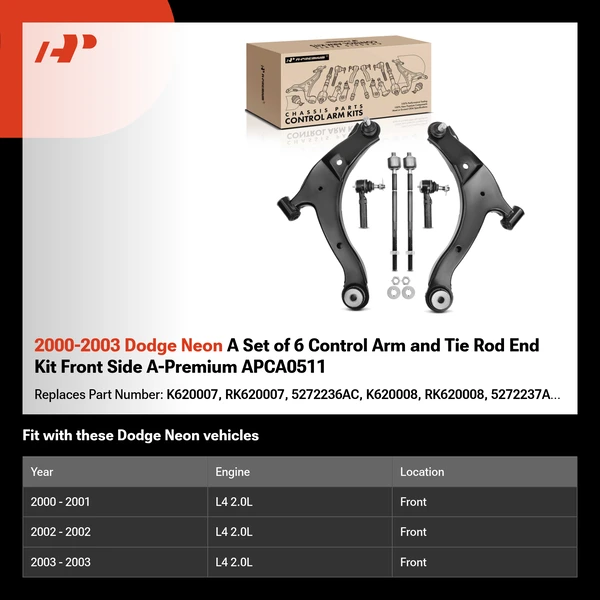 2000-2003 Dodge Neon A Set of 6 Control Arm and Tie Rod End Kit Front Side A-Premium APCA0511